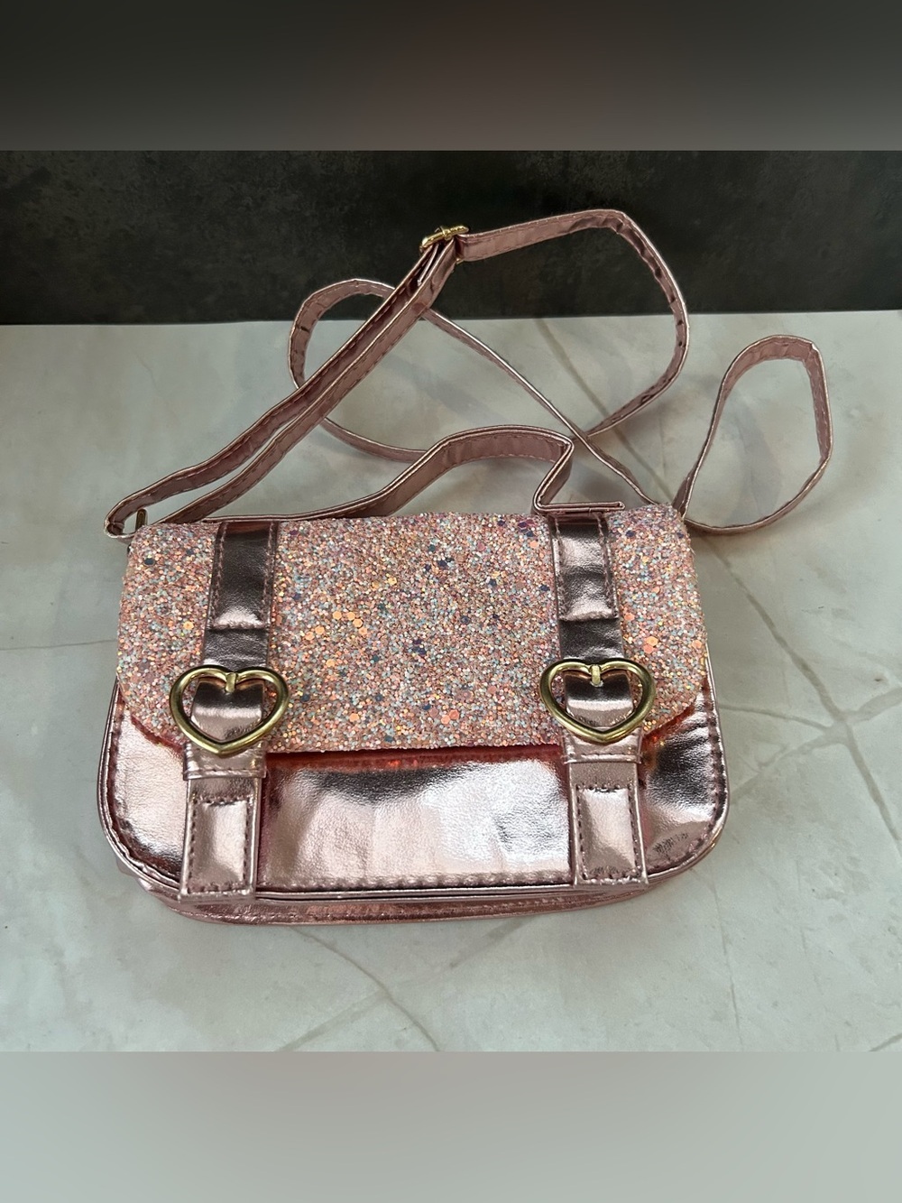 Rose Gold Glitter Heart Buckle Crossbody Bag